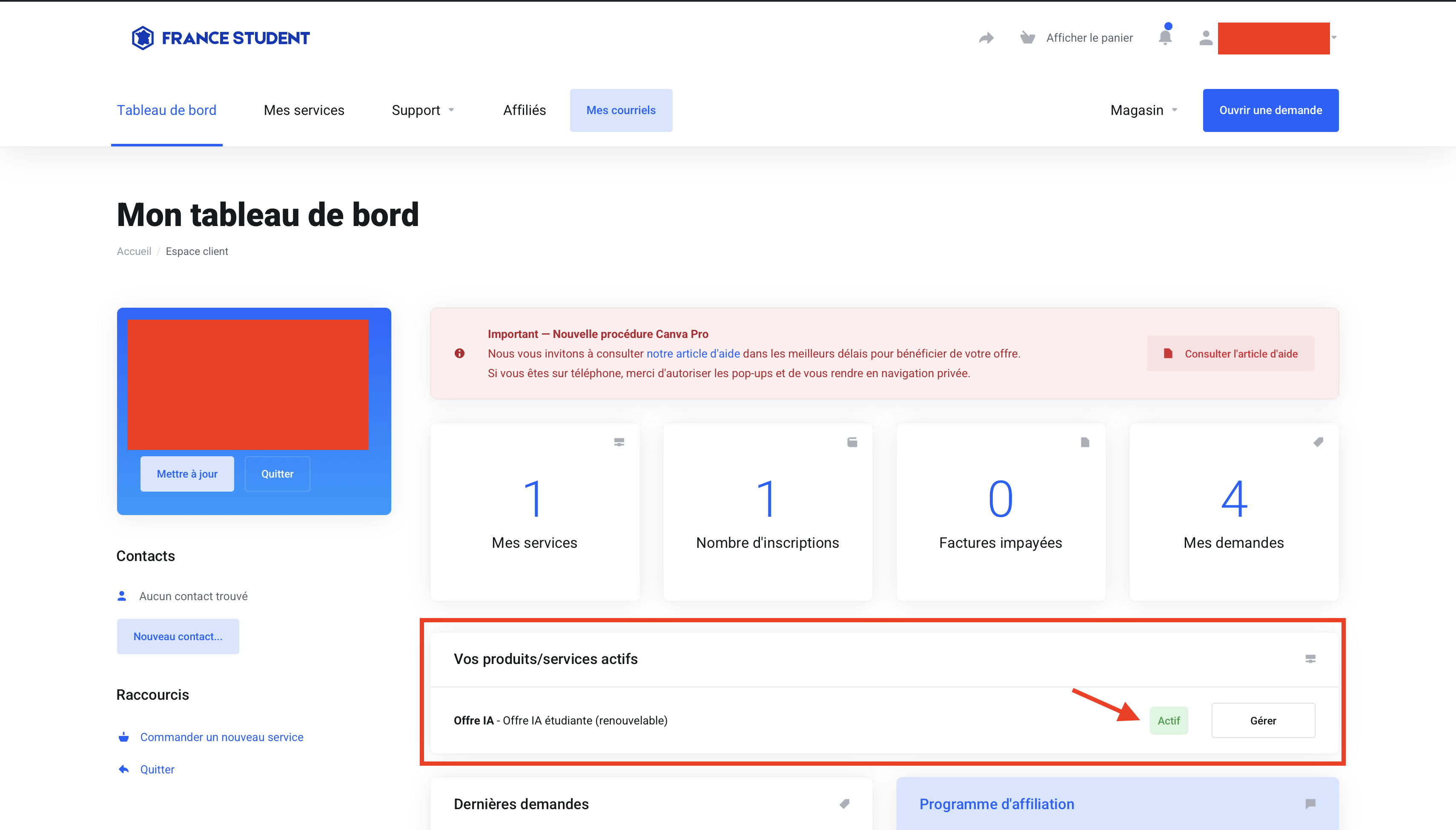 Image du tableau de bord de France Student, avec le service IA actif