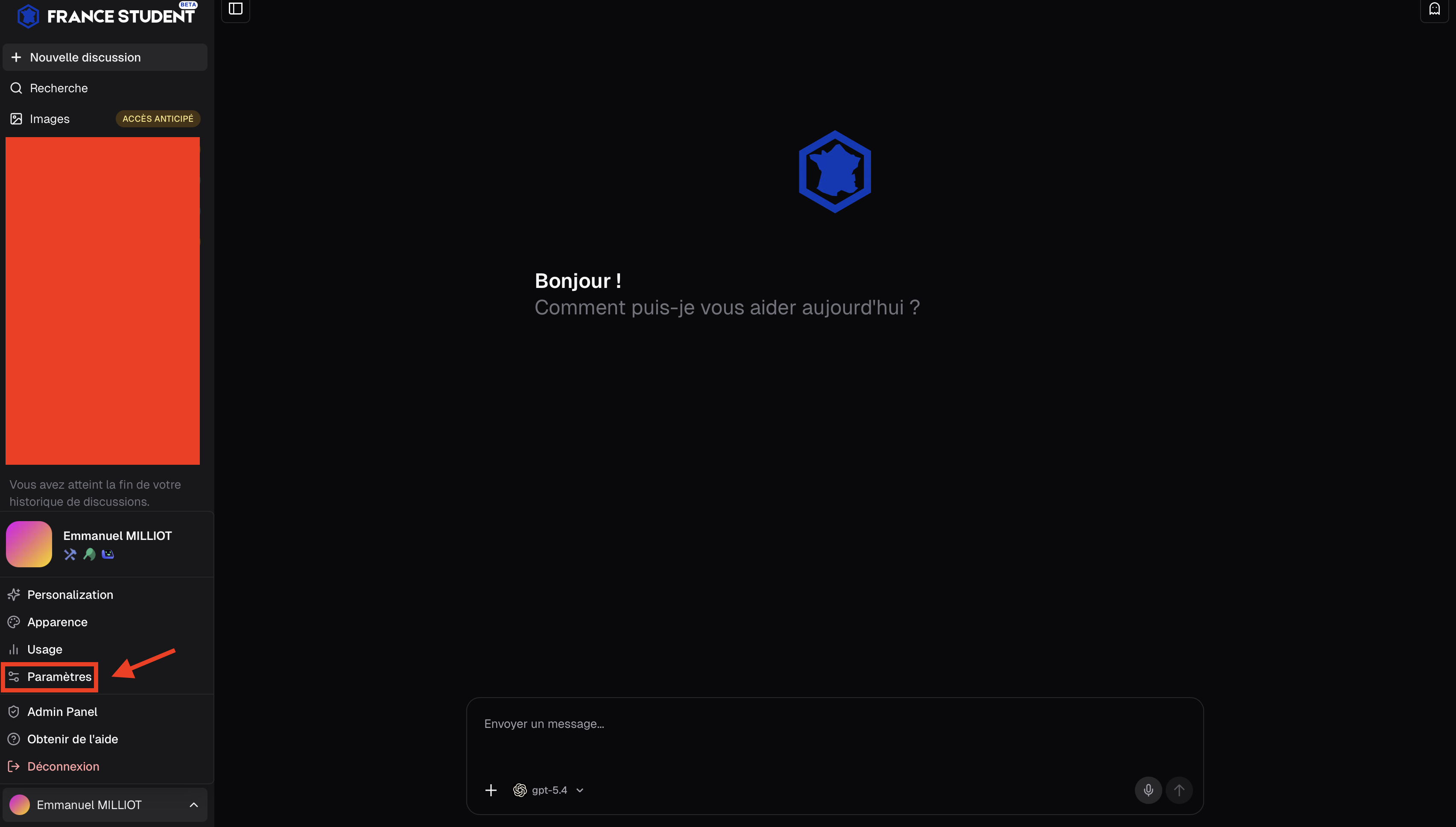 Emplacement des paramètres sur le panel