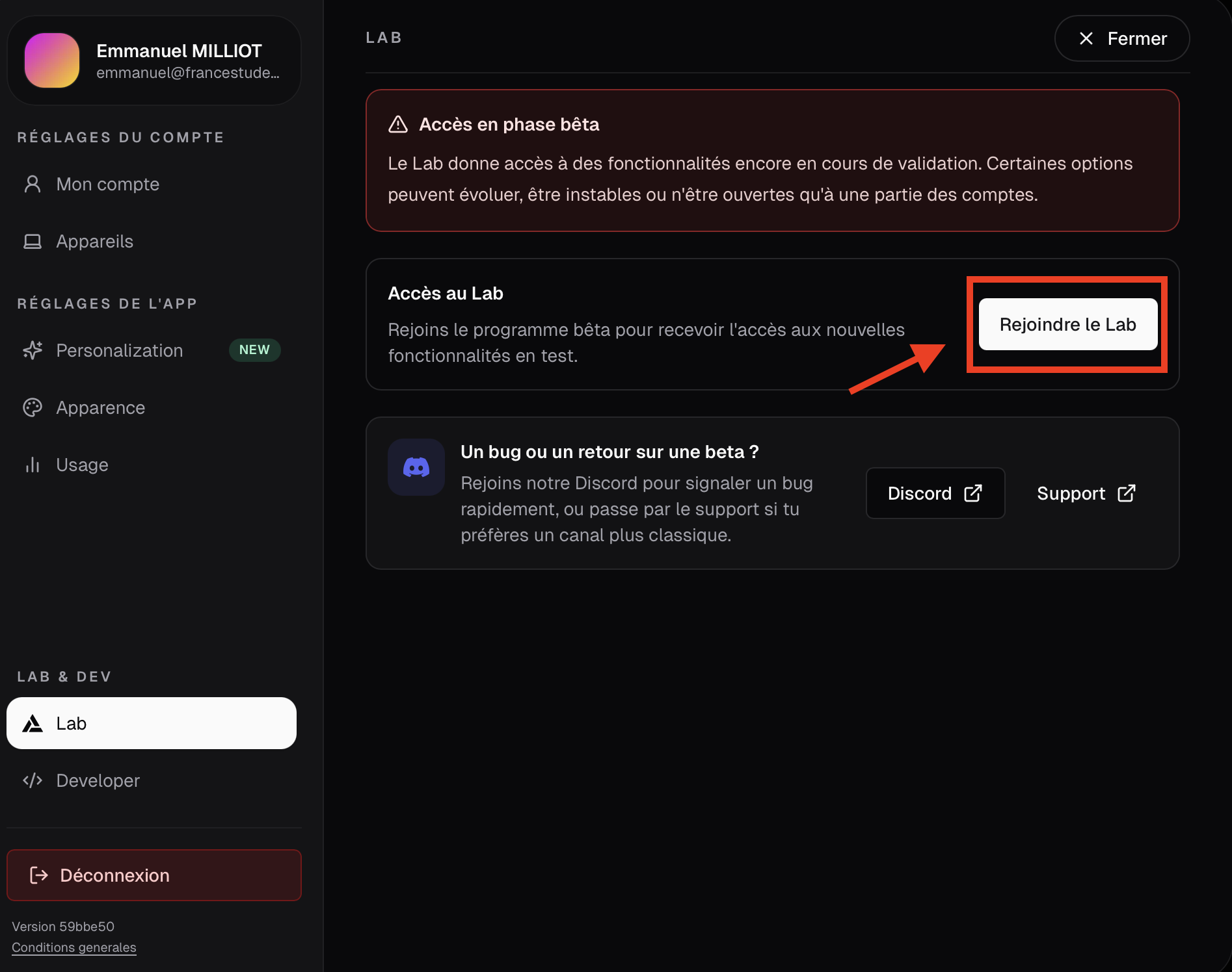 Localisation du bouton d'inscription au Lab